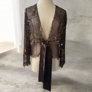 Vintage Marina Silk Sequin Embellished Shrug - Stunning Brown Sheer Jacket!